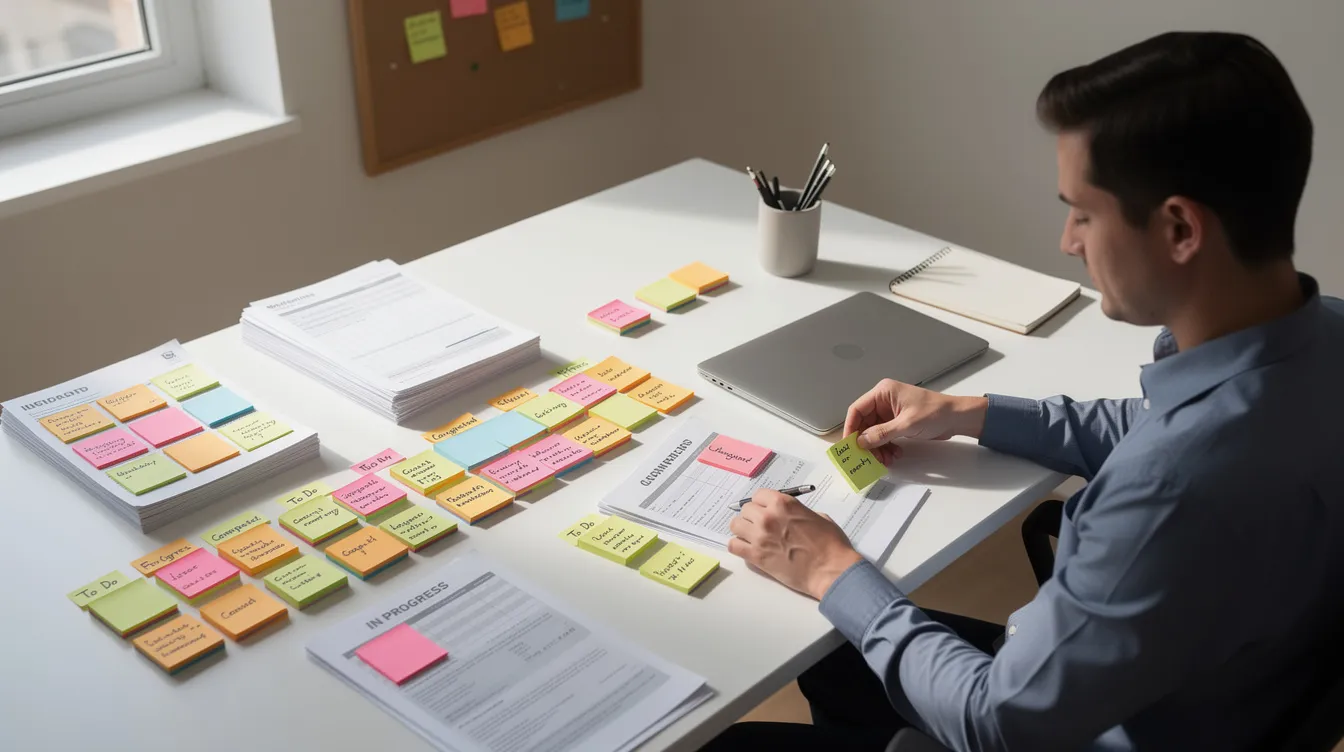 The image shows a person at a clean desk, carefully organizing papers and sticky notes into categories, reflecting on their past year's performance and preparing for upcoming annual performance reviews. This organized approach helps in identifying areas for professional development and setting clear expectations for future goals.