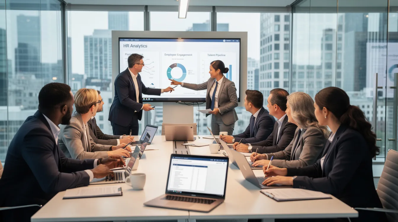 The image depicts a diverse group of HR professionals collaborating around a conference table, equipped with laptops and digital screens, as they discuss strategies for talent acquisition and the implementation of AI tools in the hiring process. Their teamwork highlights the importance of leveraging AI technologies to enhance candidate sourcing, improve employee engagement, and drive organizational success.