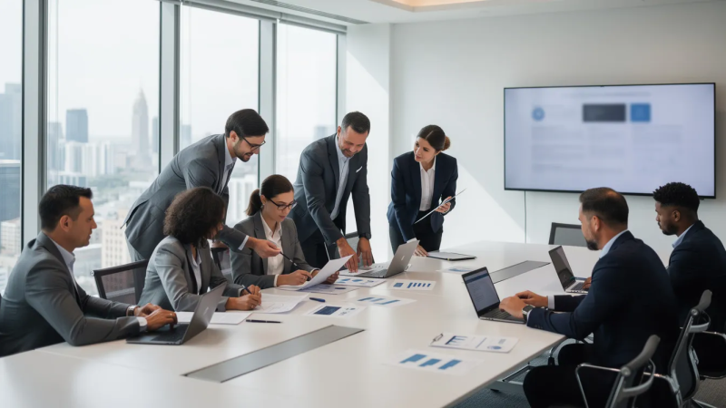 A diverse group of professionals is gathered in a modern conference room, engaging in a performance review conversation as they collaboratively review documents and share constructive feedback. The atmosphere reflects a focus on professional development and employee performance, emphasizing teamwork and shared goals for the year ahead.