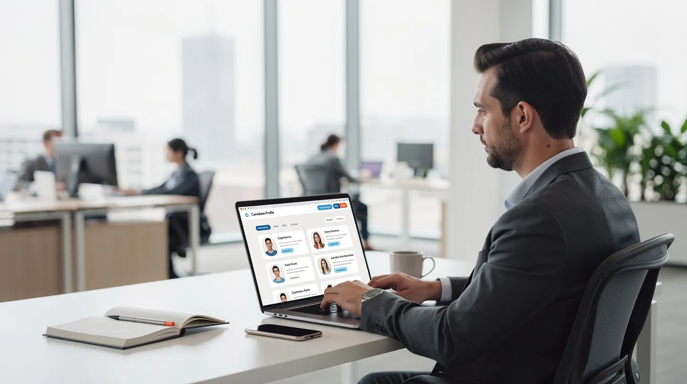 A recruiter is seated at a sleek desk in a bright, modern office, intently reviewing candidate profiles on a laptop. The scene highlights the use of AI recruiting tools to streamline the hiring process, showcasing the intersection of technology and human resources in talent acquisition.
