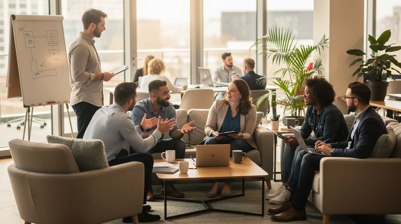 A diverse team of employees is gathered in a casual meeting area, engaged in a collaborative discussion that emphasizes communication and teamwork. This setting reflects the importance of strategic decision-making in human resources, as they explore AI tools and technologies to enhance their hiring process and employee development.