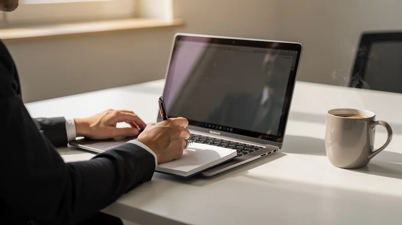 A professional is seated at a desk, working intently on a laptop while taking notes in a notebook, with a cup of coffee nearby. This scene reflects the preparation involved in conducting annual performance reviews, where employees assess their progress and set future goals.