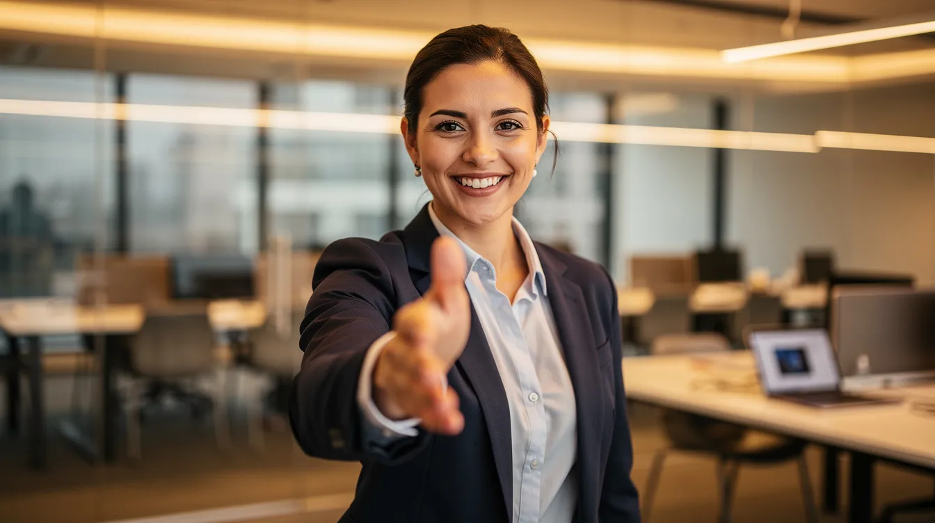 A person is reaching out to shake hands in a warmly lit modern office, symbolizing the importance of human connection in the hiring process. This image reflects the role of HR professionals and hiring managers in fostering relationships with qualified candidates, emphasizing the human touch in an increasingly AI-powered recruitment landscape.